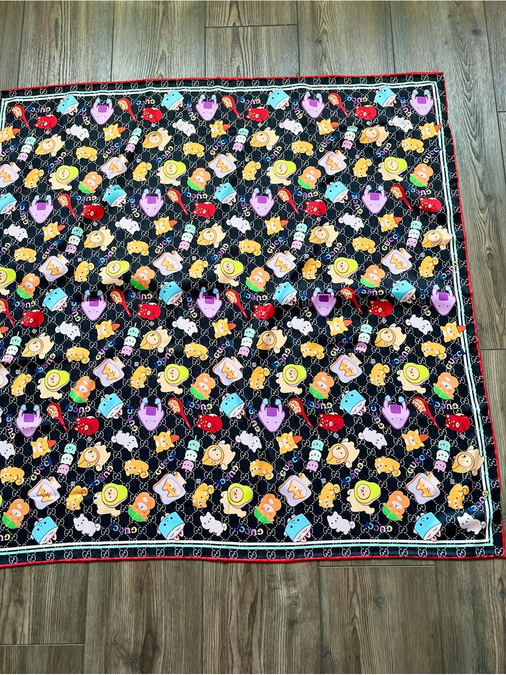 100% silk Playful Cartoon Print Square Scarf — Black Background 34/34 inches